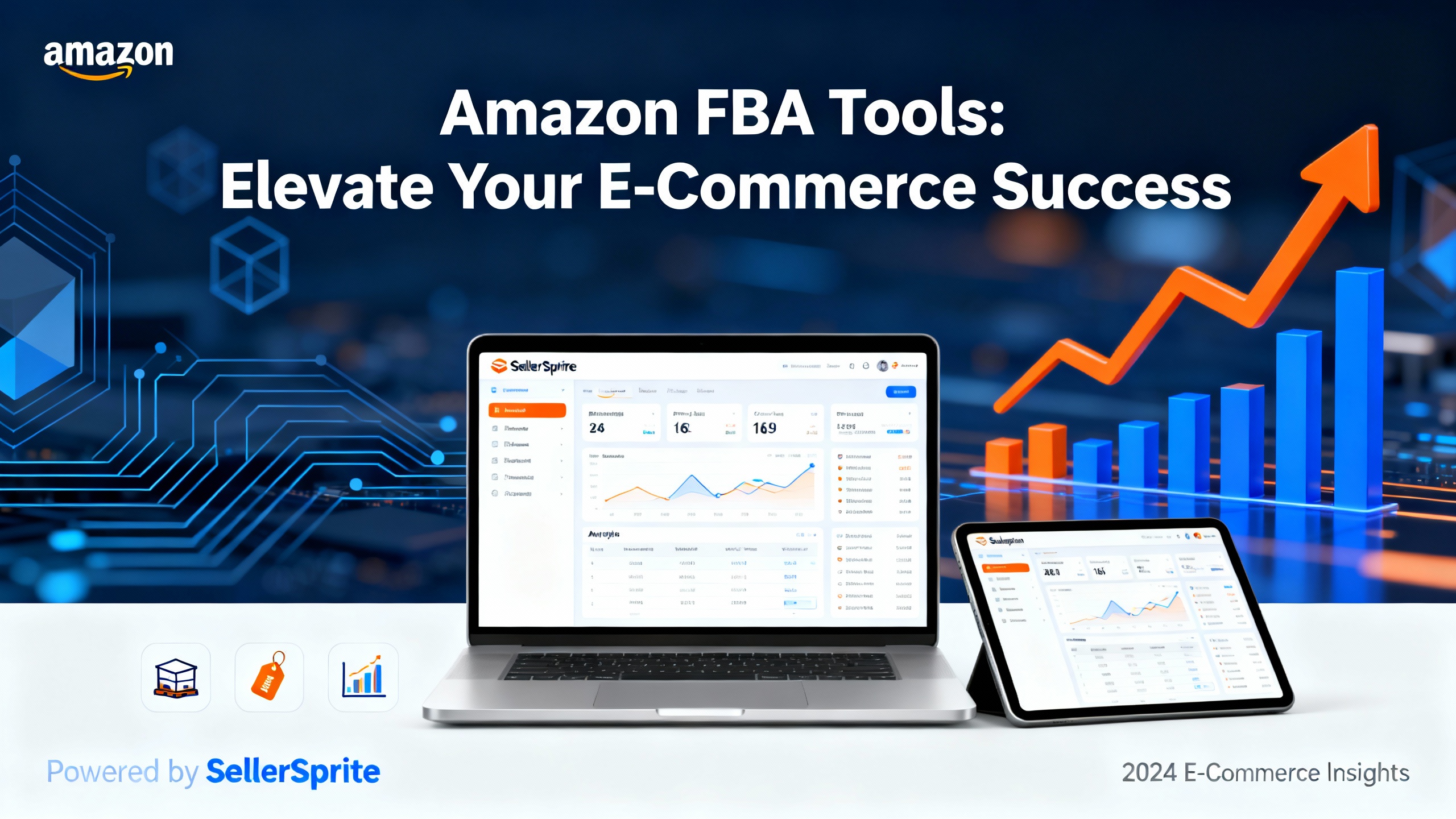 Professional banner image for a blog post about Amazon FBA tools, featuring SellerSprite as the main tool. The image shows a modern workspace with a laptop displaying the SellerSprite interface, surrounded by visual elements representing e-commerce success and analytics. The design incorporates Amazon's brand colors (orange and blue) with abstract tech patterns in the background. Small icons represent key Amazon FBA features including inventory management, pricing optimization, and analytics. The overall aesthetic is clean, professional, and tech-focused, perfect for a content marketing strategy blog post about e-commerce tools.