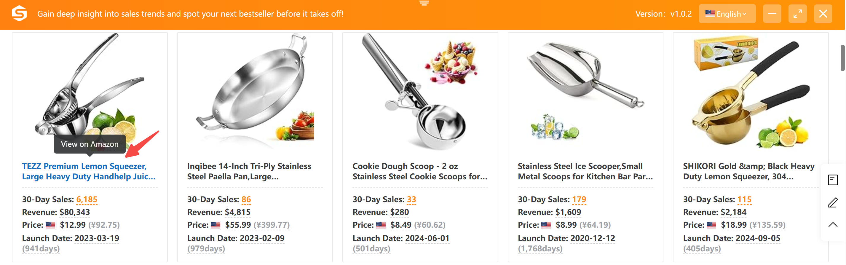 PricePal extension result showing identical lemon squeezer products on Amazon with sales, revenue, price, and launch date information.