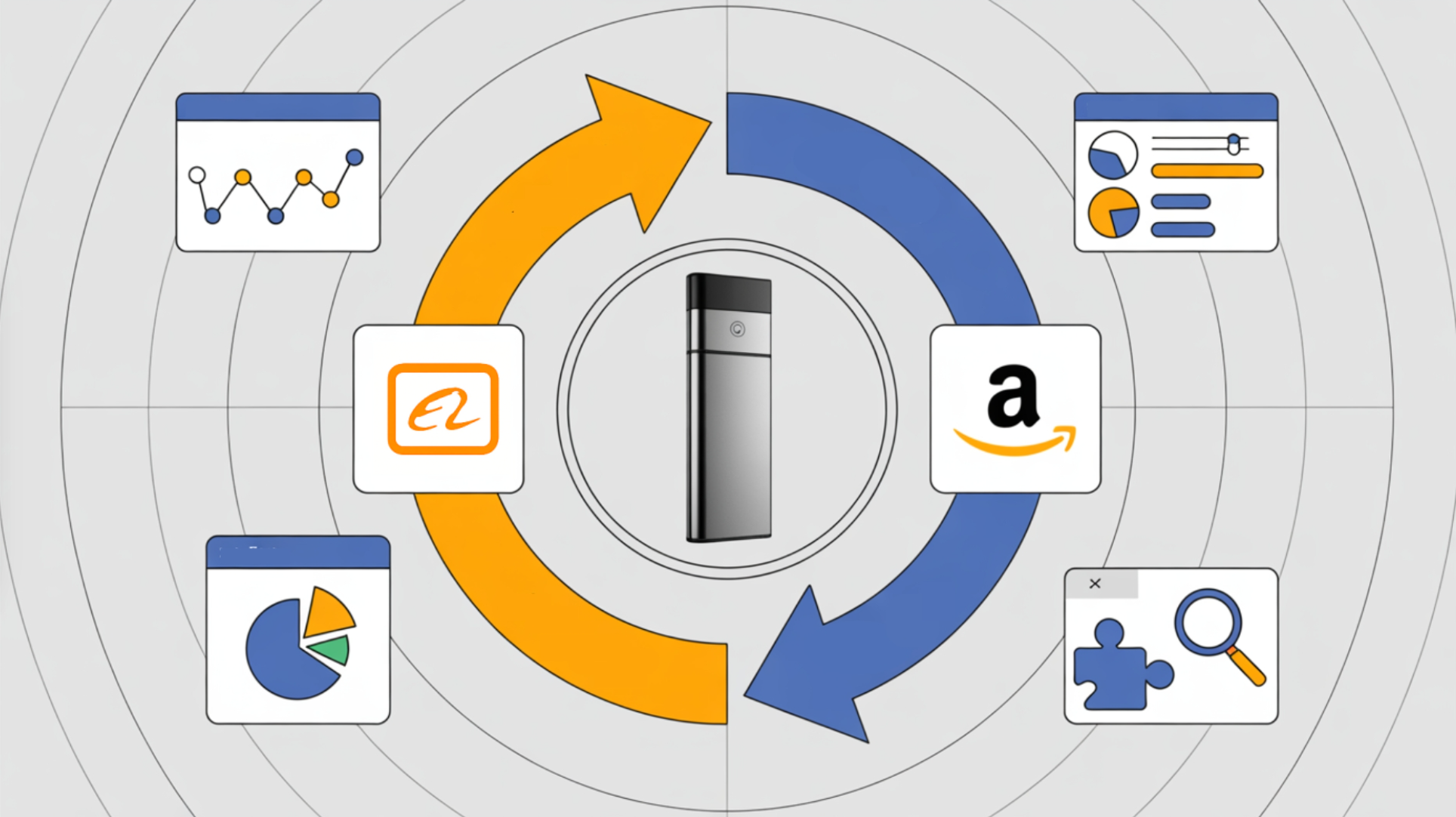 Visual concept of PricePal connecting Alibaba and Amazon platforms through data analysis and product comparison, featuring circular arrows, analytics icons, and extension elements.