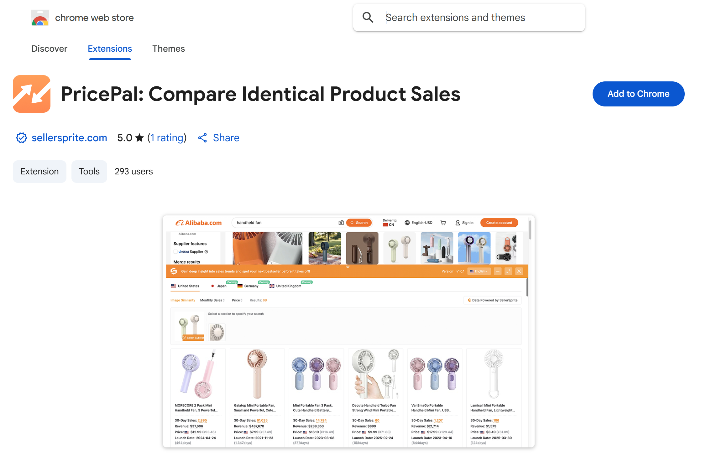 PricePal: Compare Identical Product Sales extension page on Chrome Web Store showing listing details, rating, and sample Alibaba comparison interface.