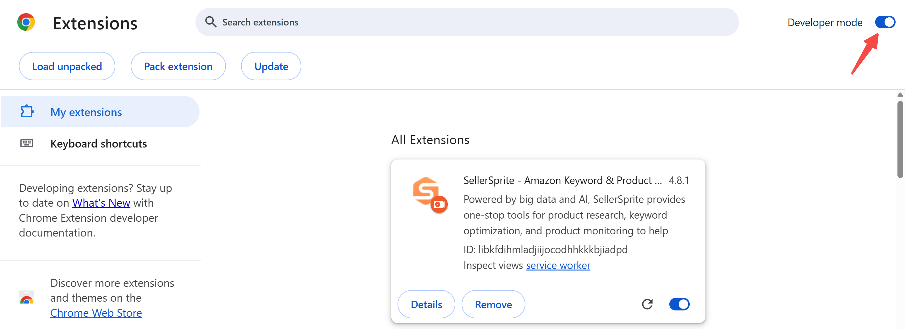 Chrome Extensions management page showing SellerSprite extension and Developer mode enabled for manual installation.