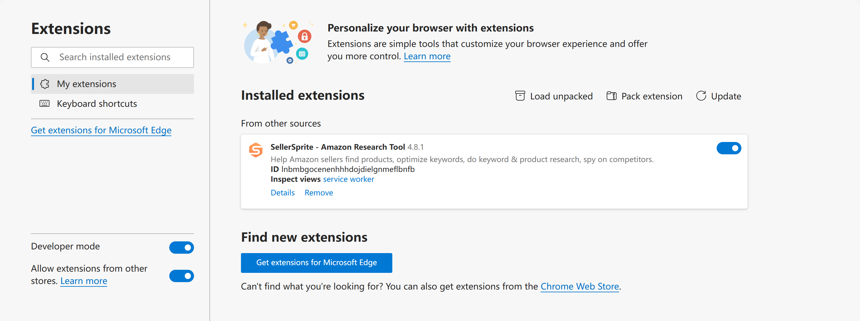 Microsoft Edge Extensions management page showing SellerSprite Amazon Research Tool installed with Developer mode turned on.