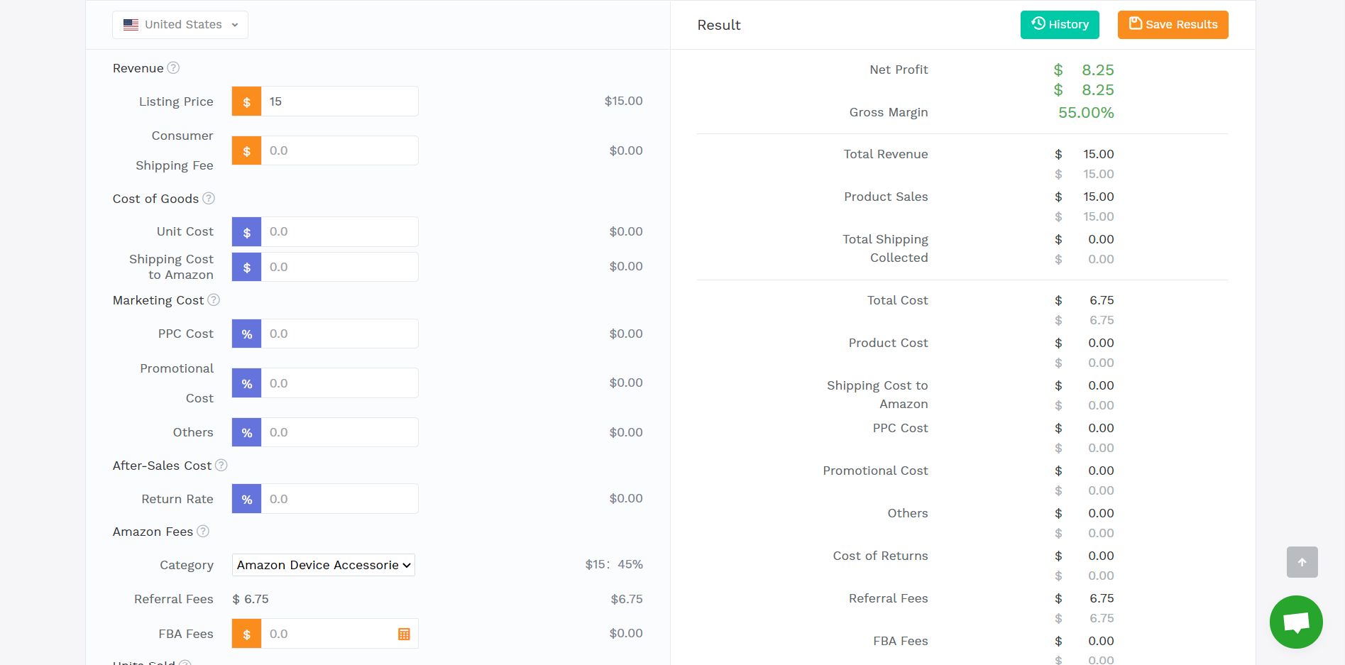 Screenshot of SellerSprite Amazon Profit Calculator dashboard showing product price, fees, shipping cost, advertising ACoS, and net profit breakdown for accurate margin estimation.