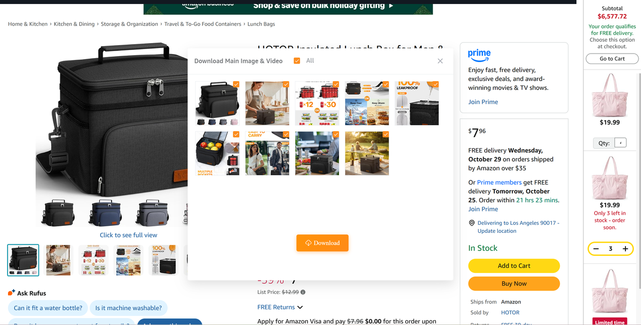 SellerSprite AmzSave download window on Amazon displaying image thumbnails and the Download button.