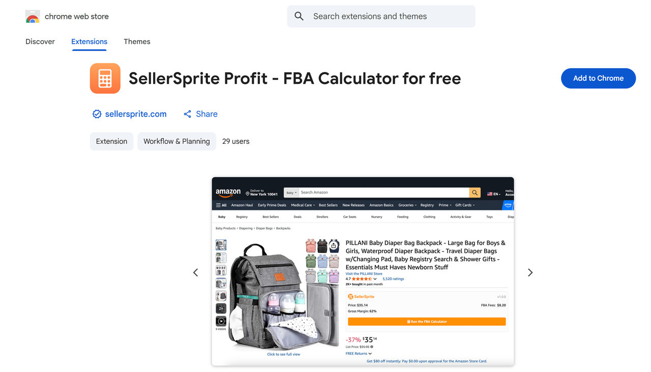 Chrome Web Store listing for SellerSprite Profit – FBA Calculator for free showing extension title and Amazon screenshot.