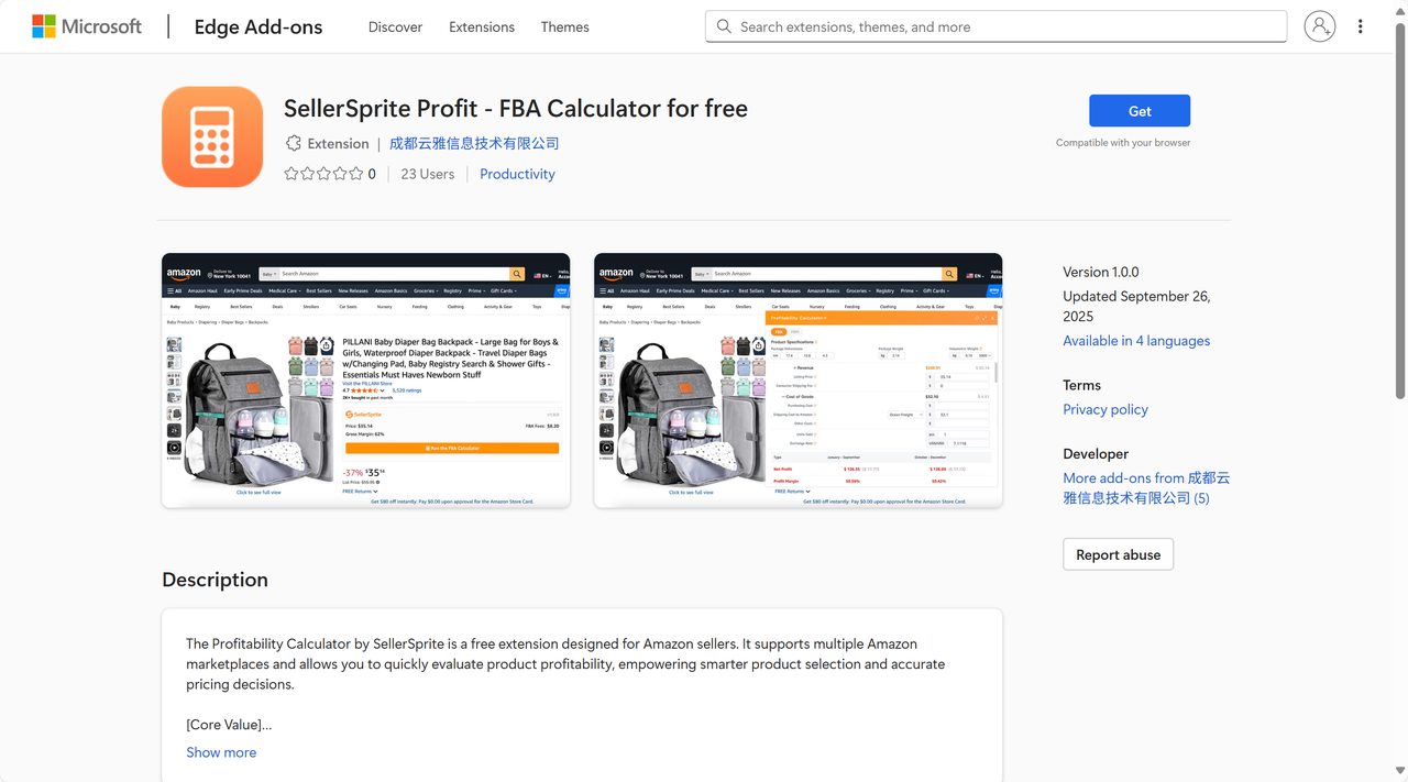Microsoft Edge Add-ons page for SellerSprite Profit – FBA Calculator for free with version info and screenshots.