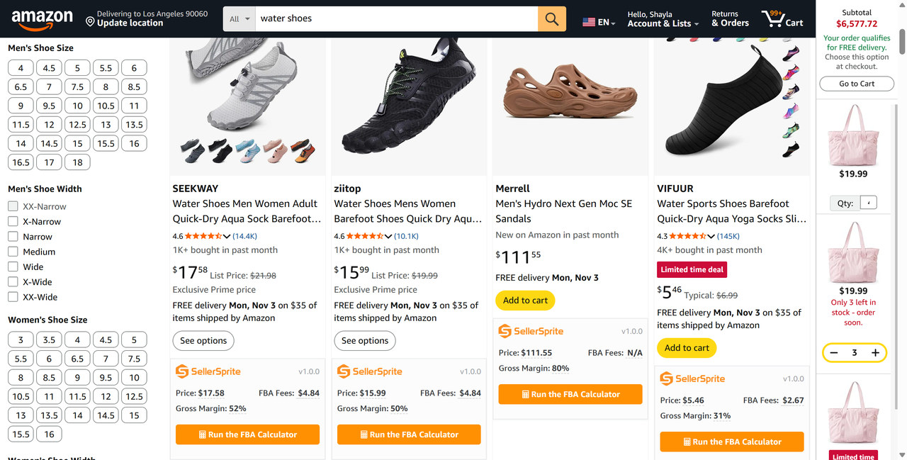 Amazon search results showing SellerSprite profit preview panels with Price, FBA Fees, Gross Margin, and Run the FBA Calculator buttons.