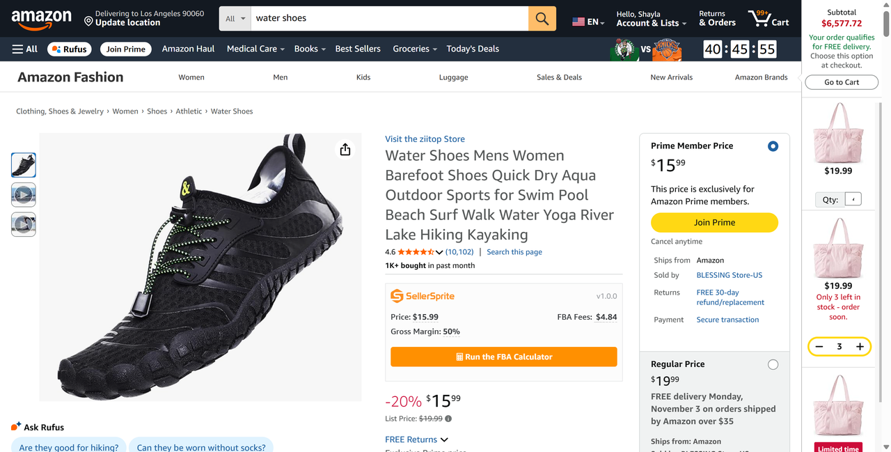 Amazon product detail page with SellerSprite profit preview box displaying Price, FBA Fees, Gross Margin, and Run the FBA Calculator.