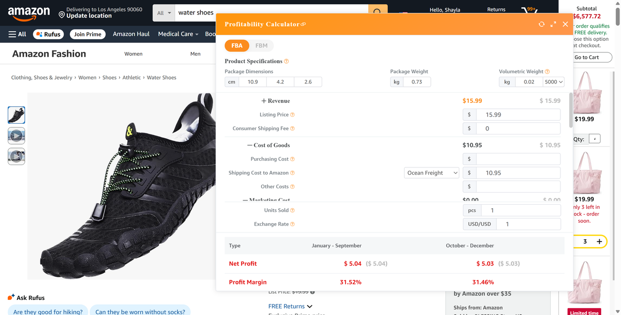 SellerSprite Profitability Calculator popup in FBA mode on an Amazon page with inputs for costs and real-time Net Profit and Profit Margin.