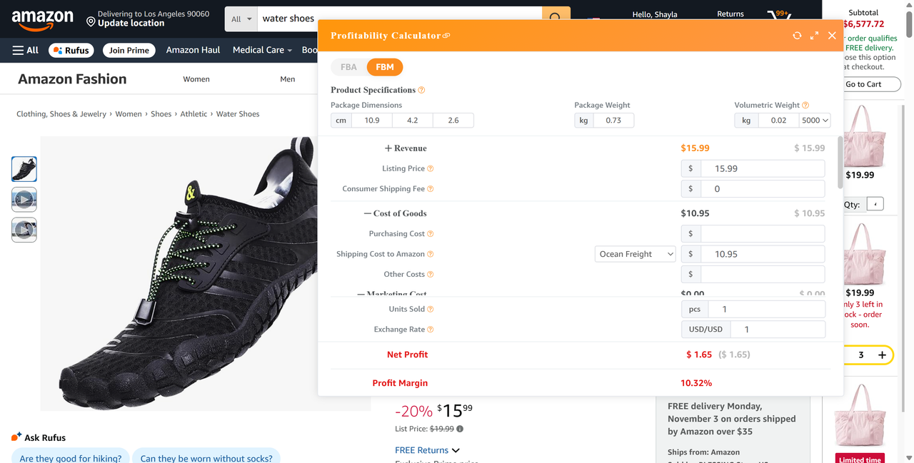 SellerSprite Profitability Calculator popup in FBM mode on an Amazon page showing merchant shipping inputs and live profit results.