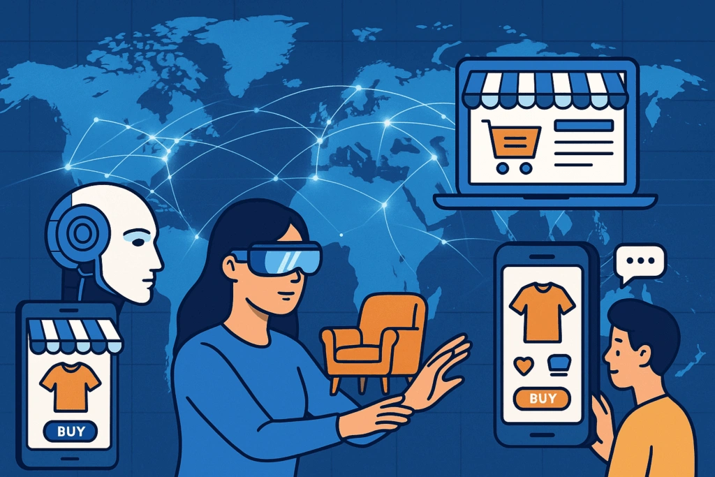Global ecommerce illustration with AR shopper, AI assistant, laptop and phone storefronts, buy buttons, and a connected world map.