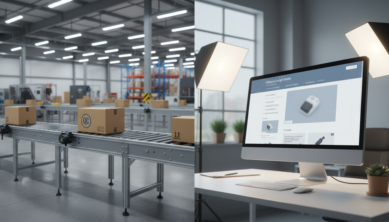 Amazon FBA workflow: QC boxes on a warehouse conveyor and an optimized product page on desktop.