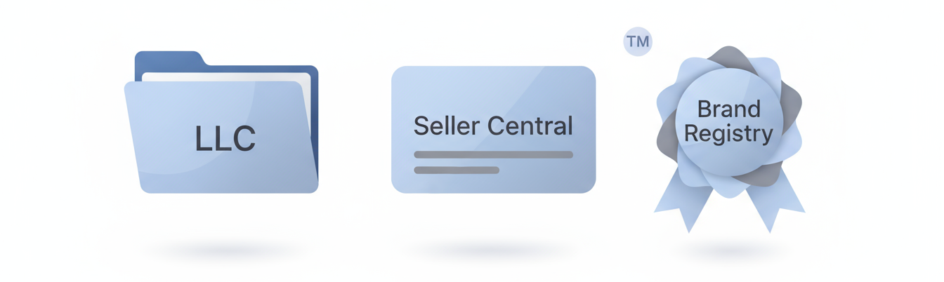 Business setup icons: LLC registration folder, Amazon Seller Central card, and Brand Registry trademark badge.