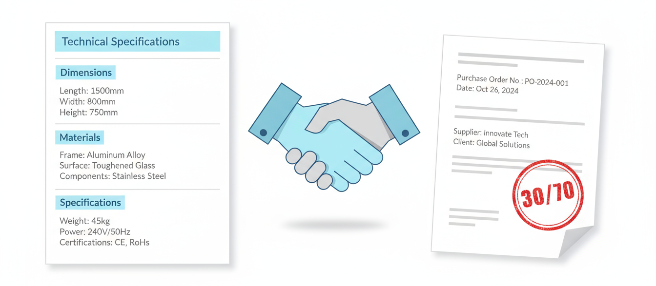 Supplier agreement: technical specs sheet, handshake icon, and purchase order stamped 30/70 terms.