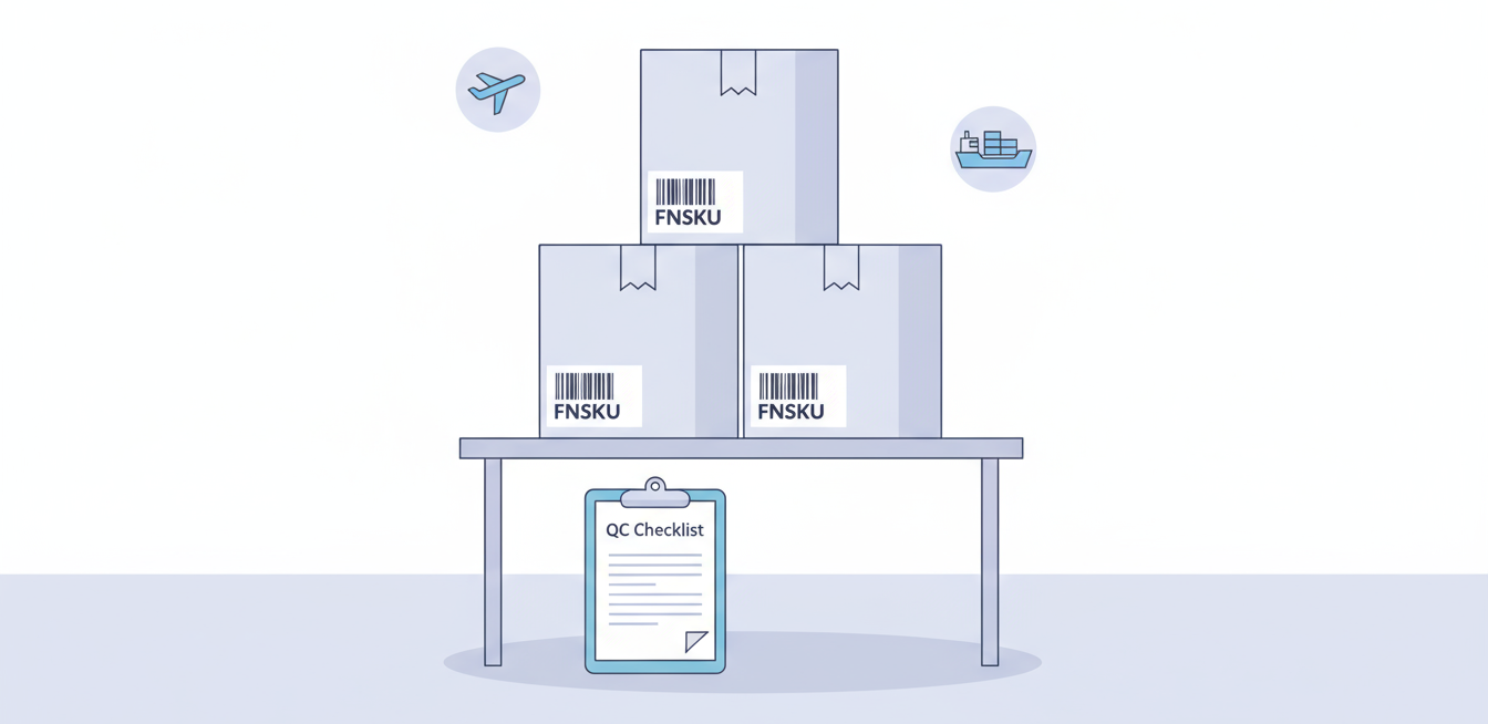 Stacked cartons with FNSKU labels on a table, QC checklist below, air and sea shipping icons above.