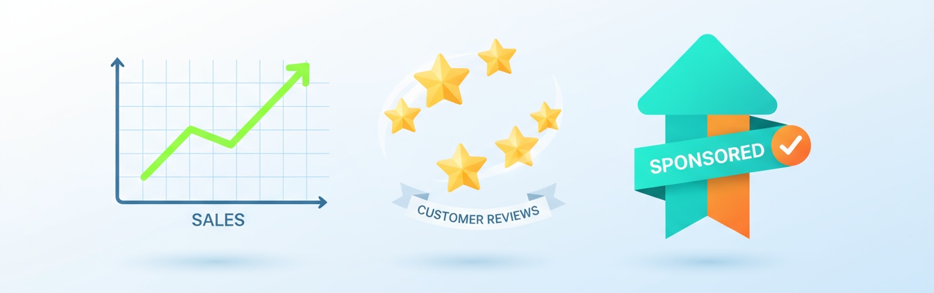 Sales chart rising, customer review stars cluster, and a sponsored arrow showing PPC visibility growth.
