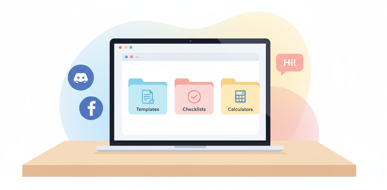 Laptop screen with folders labeled Templates, Checklists, and Calculators, with Discord and Facebook community icons.