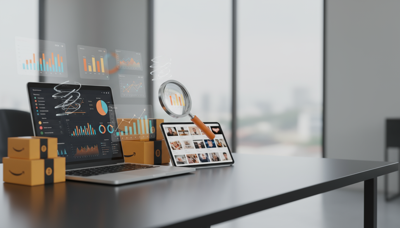 Workspace with laptop and tablet showing analytics dashboards and floating charts, with shipping boxes, illustrating SellerSprite data driven Amazon product research