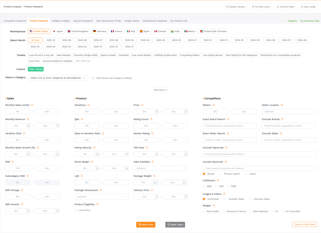SellerSprite Product Research dashboard with marketplace and month selectors presets and advanced filters for sales product and competitor analysis