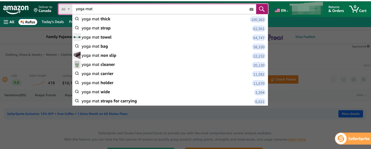 Amazon search bar autocomplete for yoga mat showing long tail suggestions with search volumes with the SellerSprite extension active