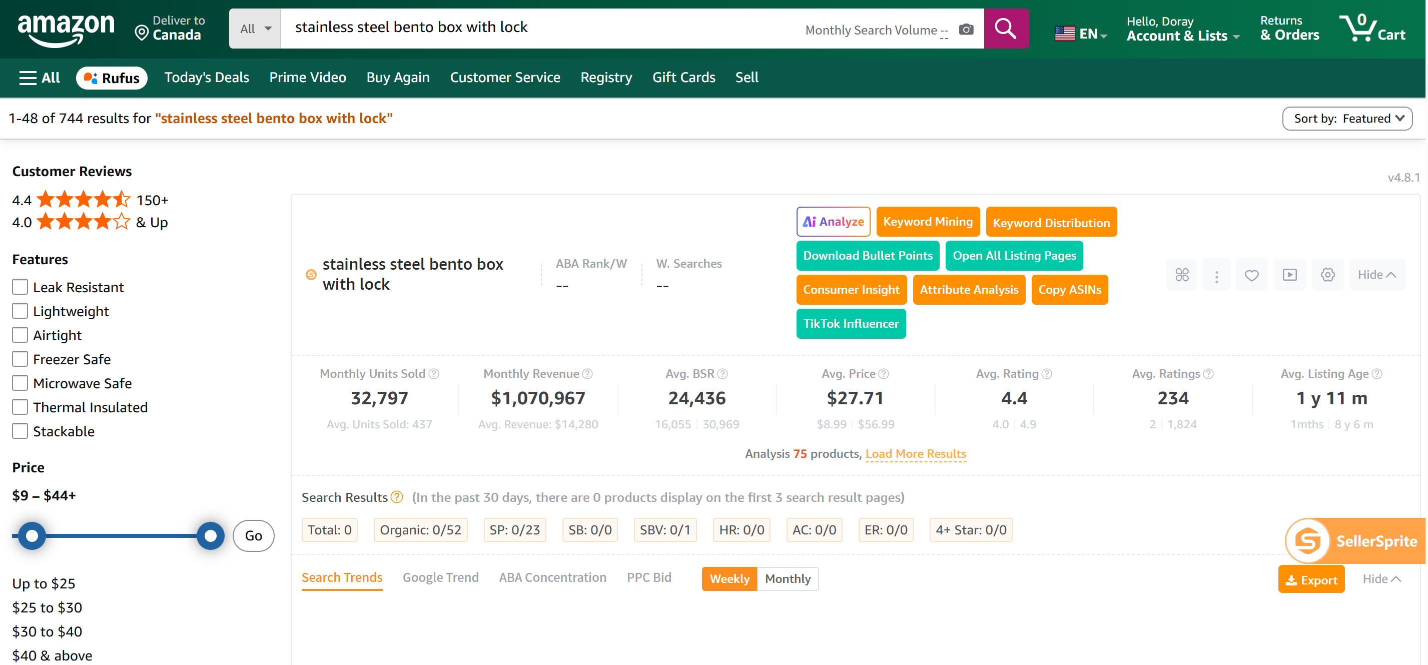 Amazon results for stainless steel bento box with lock with a SellerSprite panel summarizing monthly units revenue BSR average price rating ratings and listing age