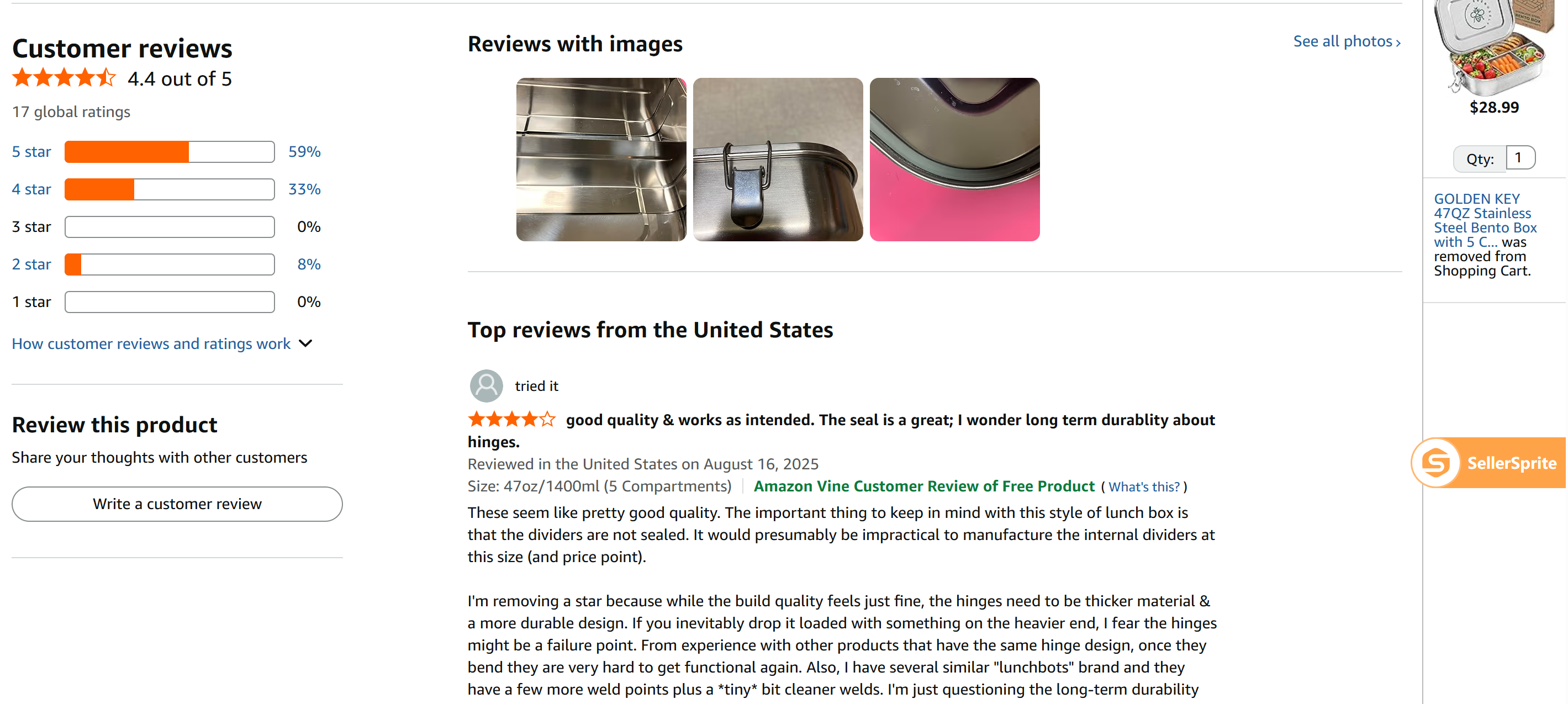 Amazon review page for a stainless steel bento box showing rating breakdown review photos and a top review with a SellerSprite overlay
