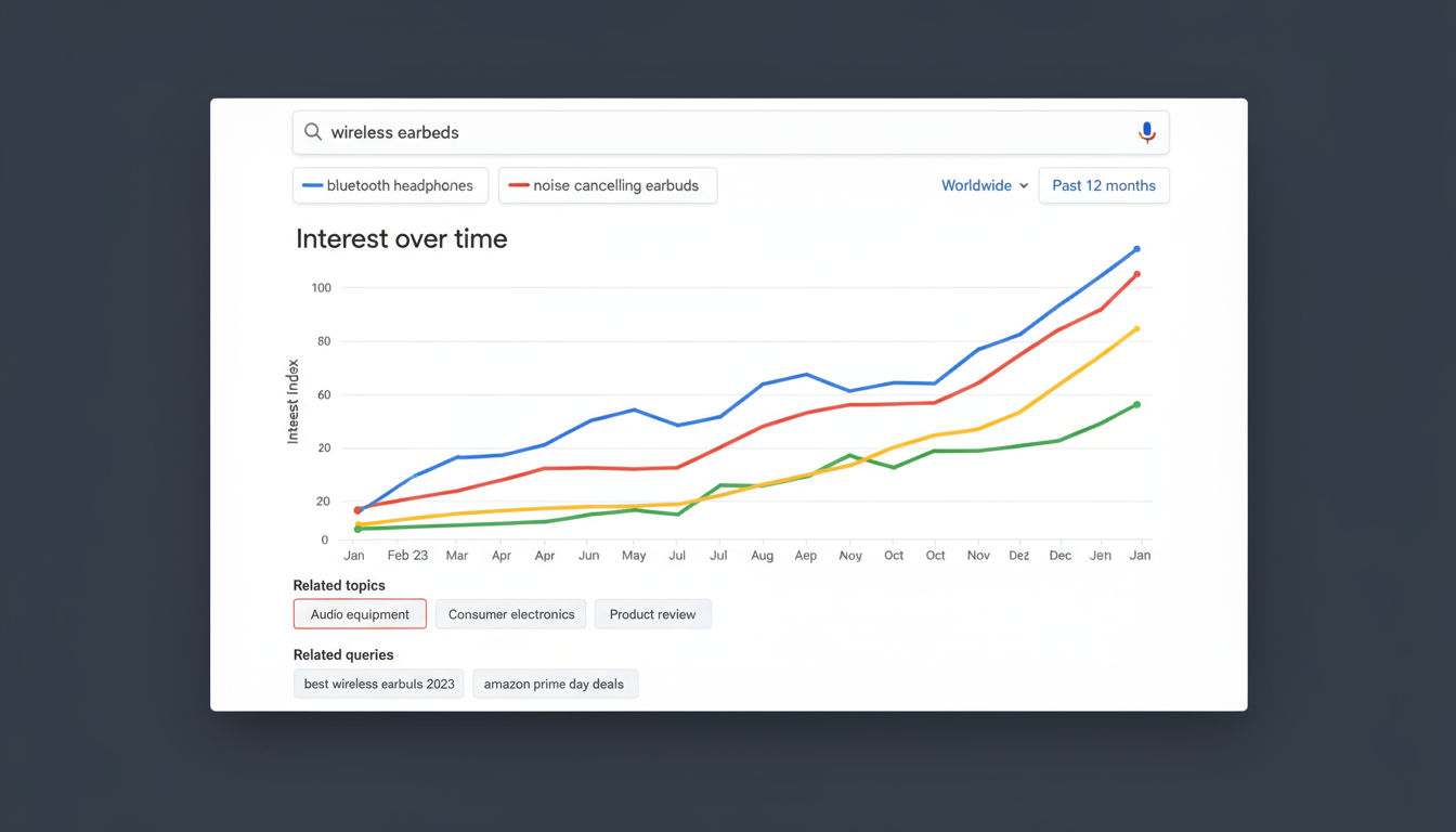 Trend analysis view for wireless earbuds comparing interest over time with bluetooth headphones and noise cancelling earbuds over the past year