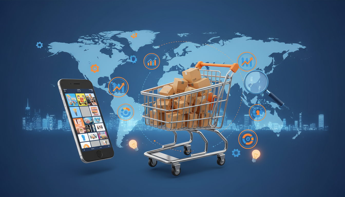 Global ecommerce concept with a smartphone product grid and a shopping cart full of parcels in front of a world map and analytics icons