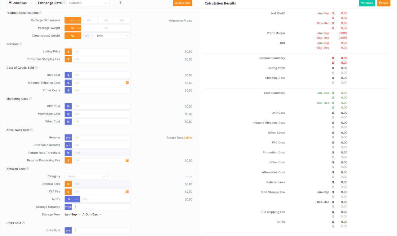 SellerSprite Profit Calculator interface with inputs for price cost shipping marketing and Amazon fees and results for net profit margin ROI and cost summary