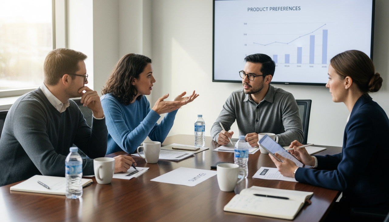 Team meeting discussing product preferences with a chart on screen while reviewing documents and notes for pre launch concept validation
