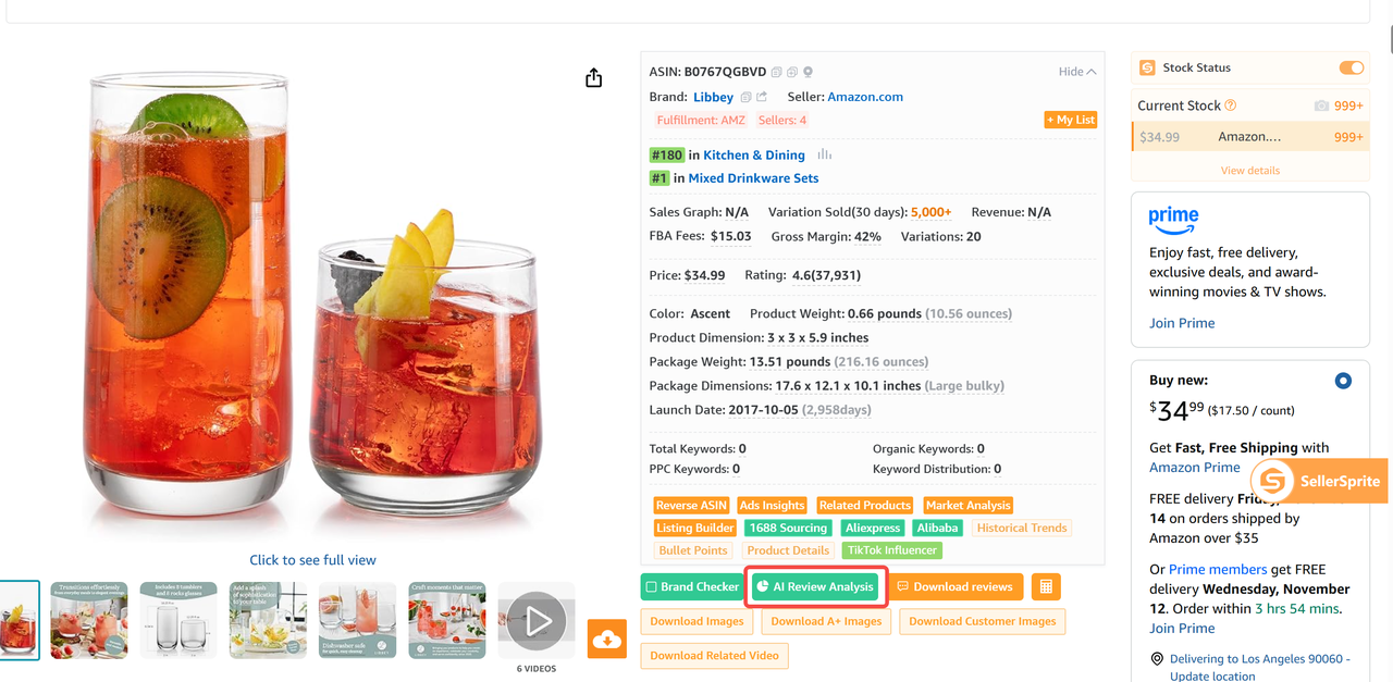 SellerSprite's Chrome Extension on an Amazon product page