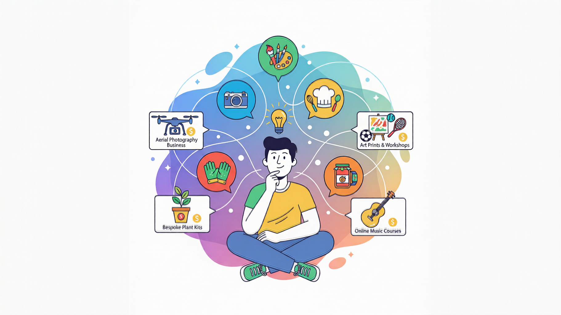 Illustration of a seller brainstorming passion products, with icons for art, food, gardening, music and photography.