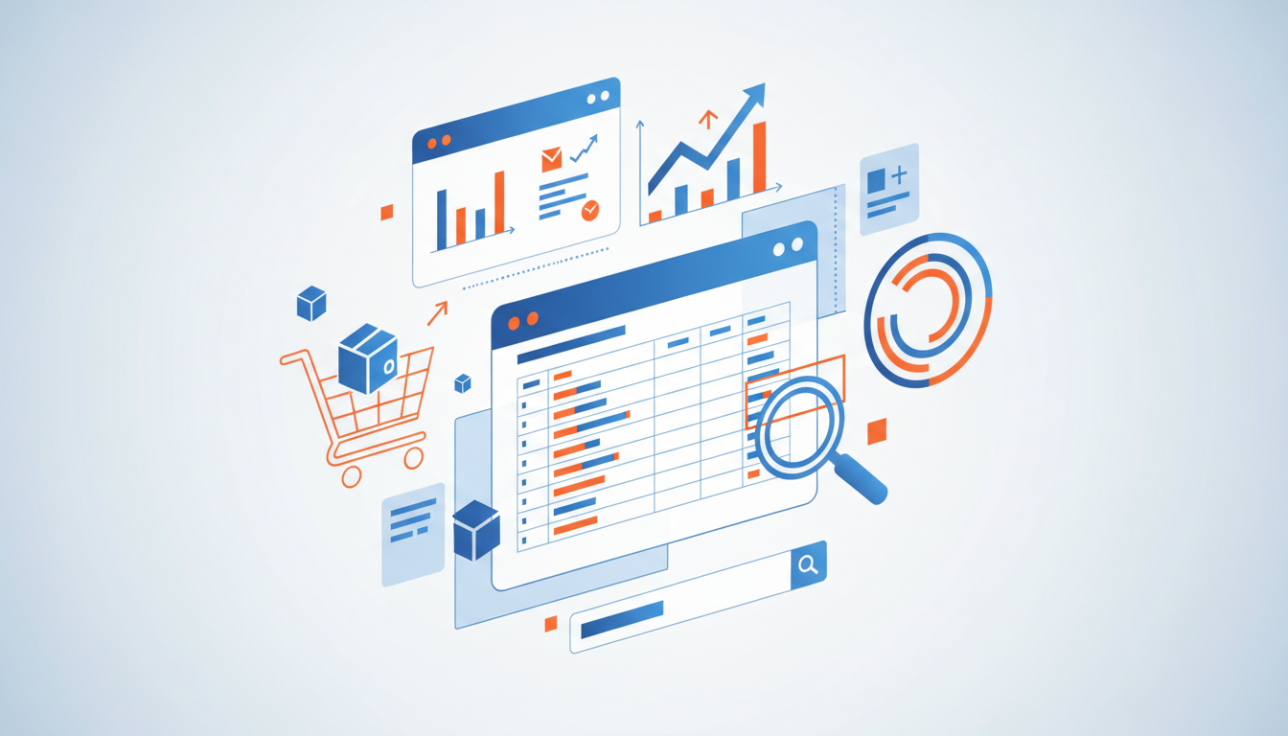 “Abstract Amazon product research interface with charts, data tables, magnifying glass, shopping cart icon, and analytics elements, representing e-commerce insights and market analysis