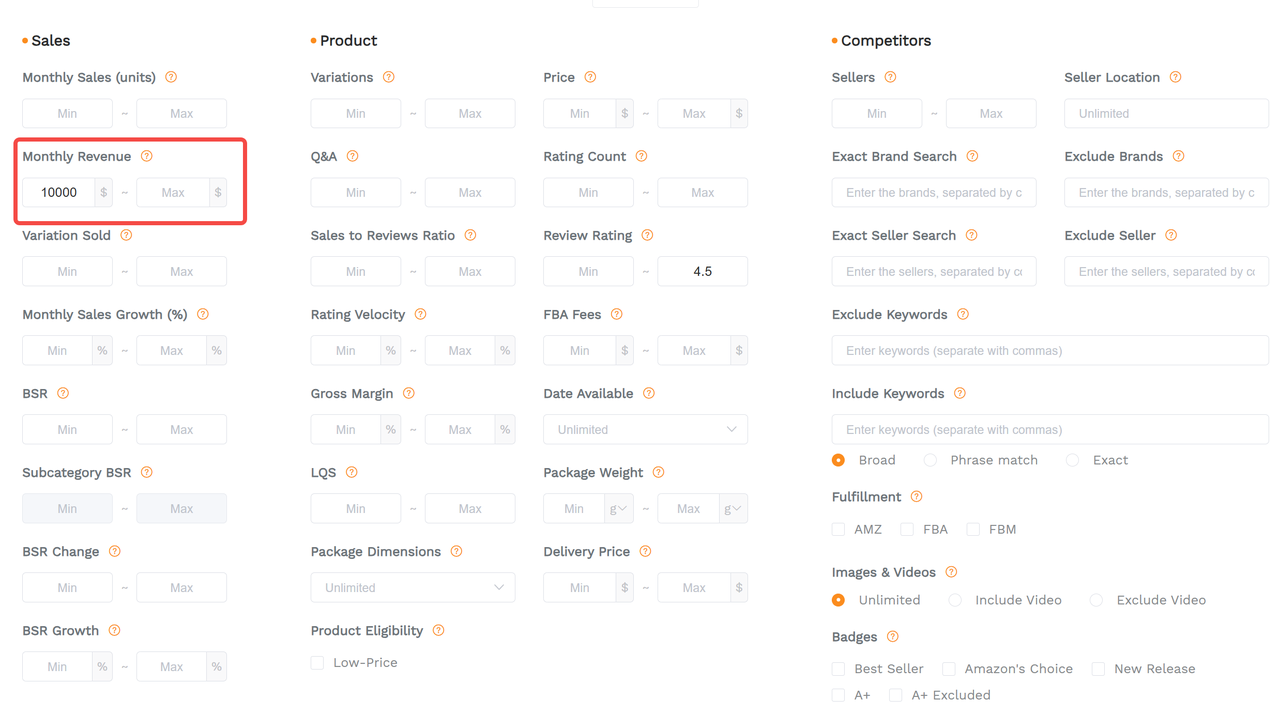 A screenshot showcasing sellersprite's monthly revenue filter in its product research tool