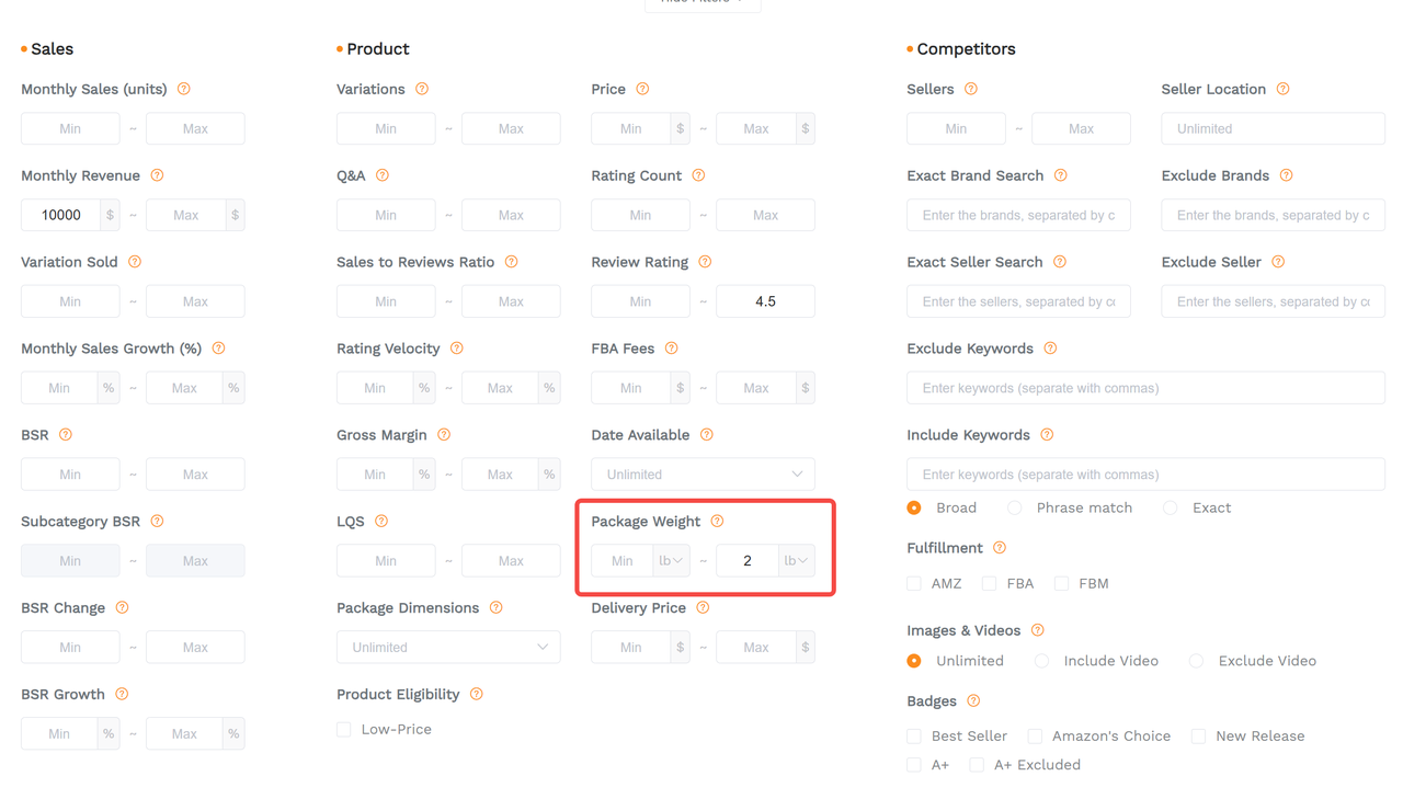 A screenshot showcasing sellersprite's package weight filter in its product research tool