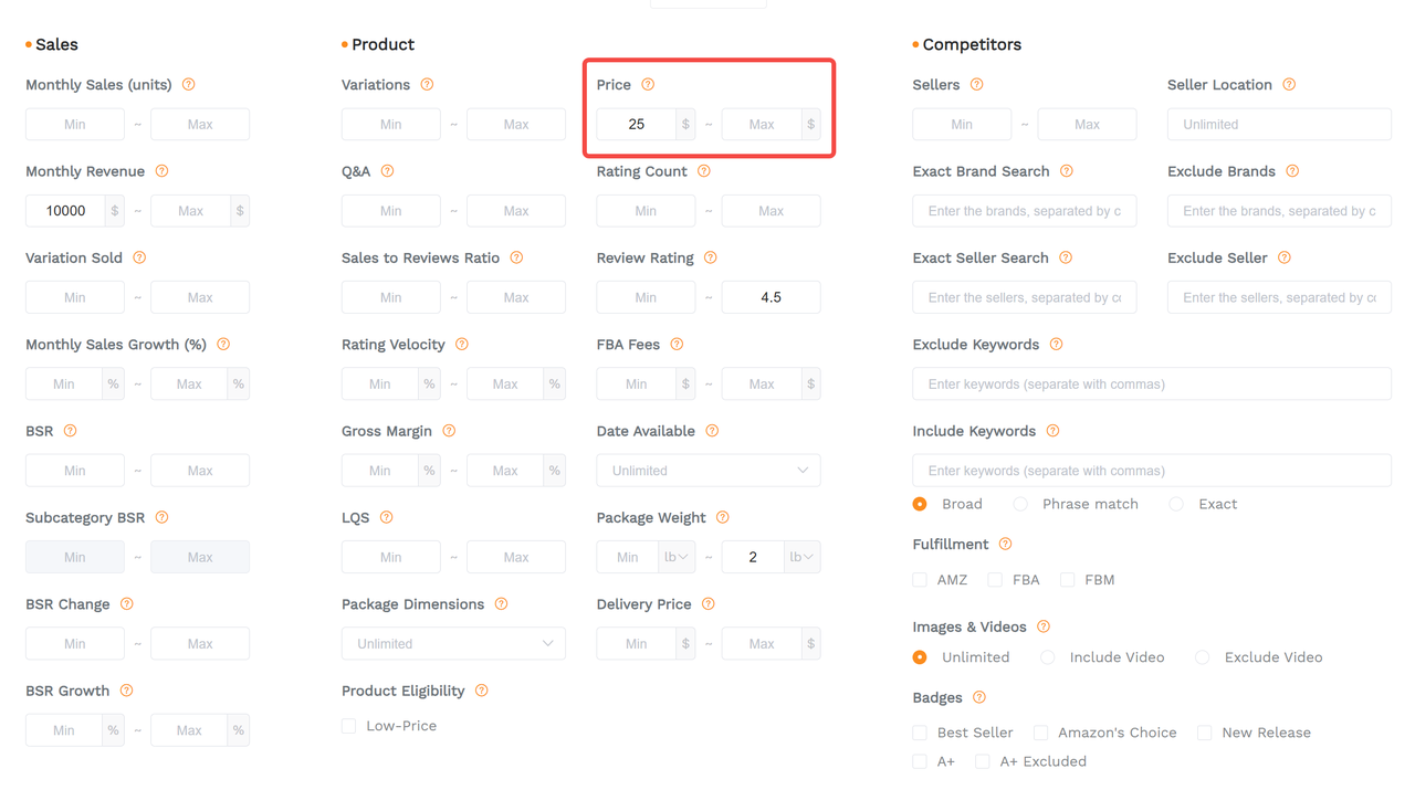 A screenshot showcasing sellersprite's price filter in its product research tool