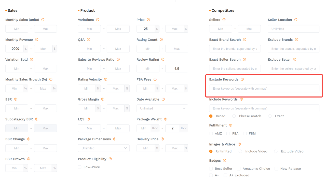 A screenshot showcasing sellersprite's exclude keywords filter in its product research tool