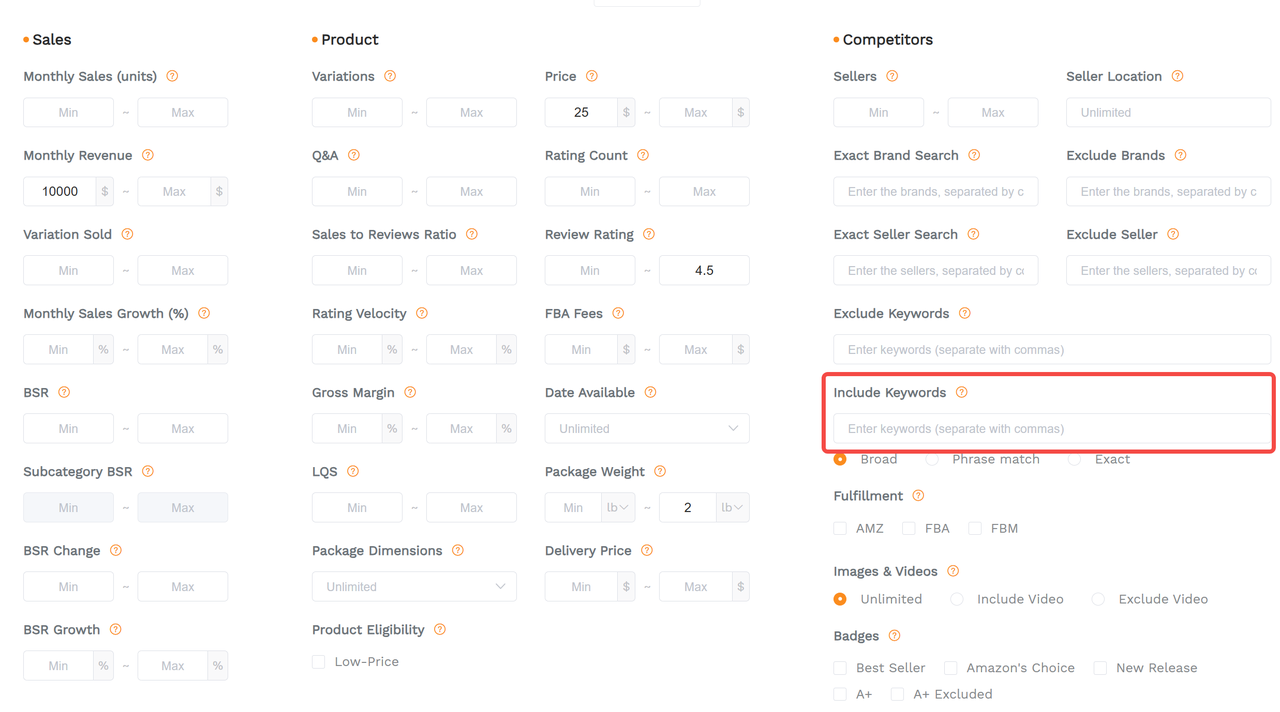 A screenshot showcasing sellersprite's include keywords filter in its product research tool