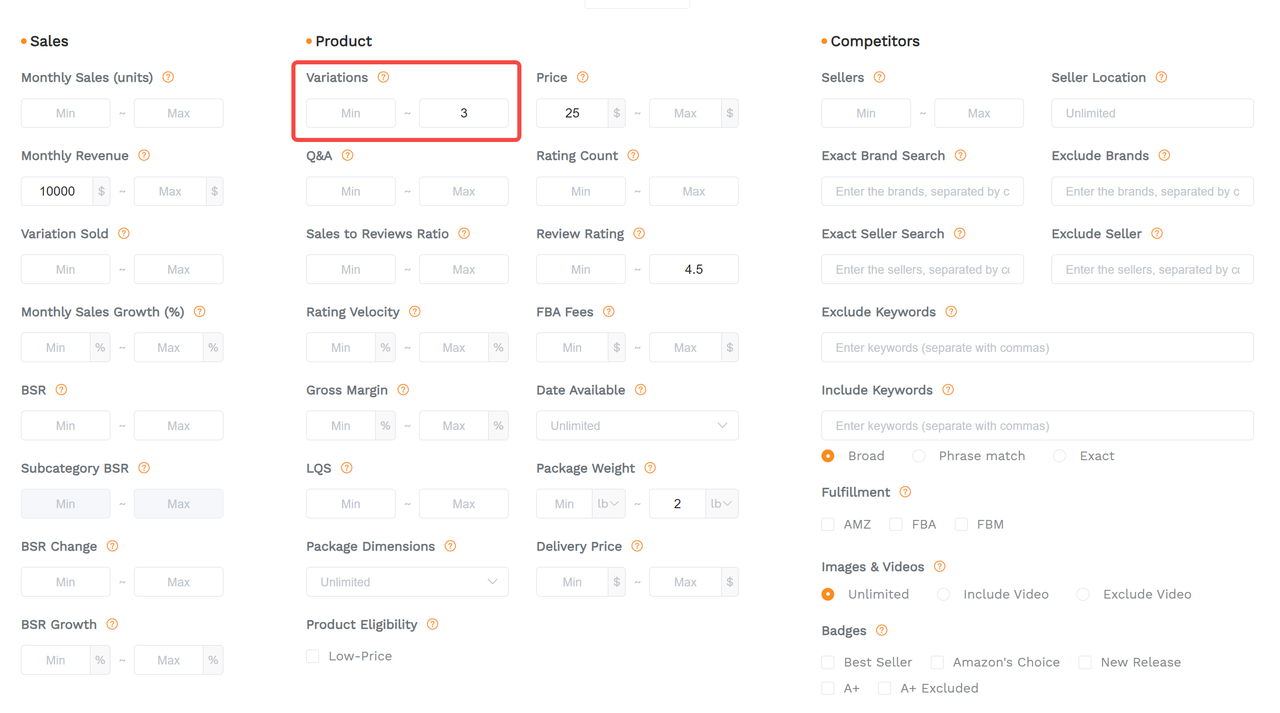 A screenshot showcasing sellersprite's variations filter in its product research tool
