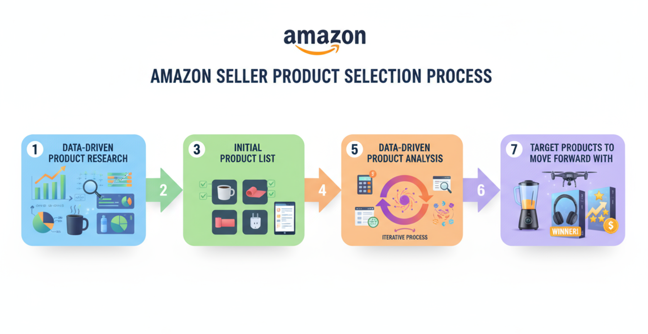 An image showcasing the steps for amazon sellers to do their product research