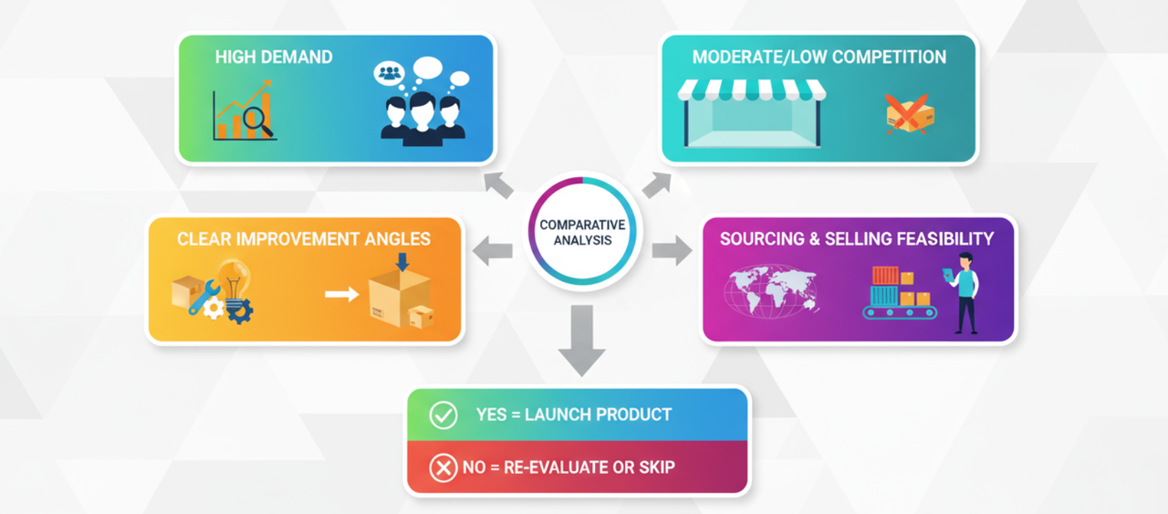 An image includes the elements an amazon seller should consider after finish his/her initial product research