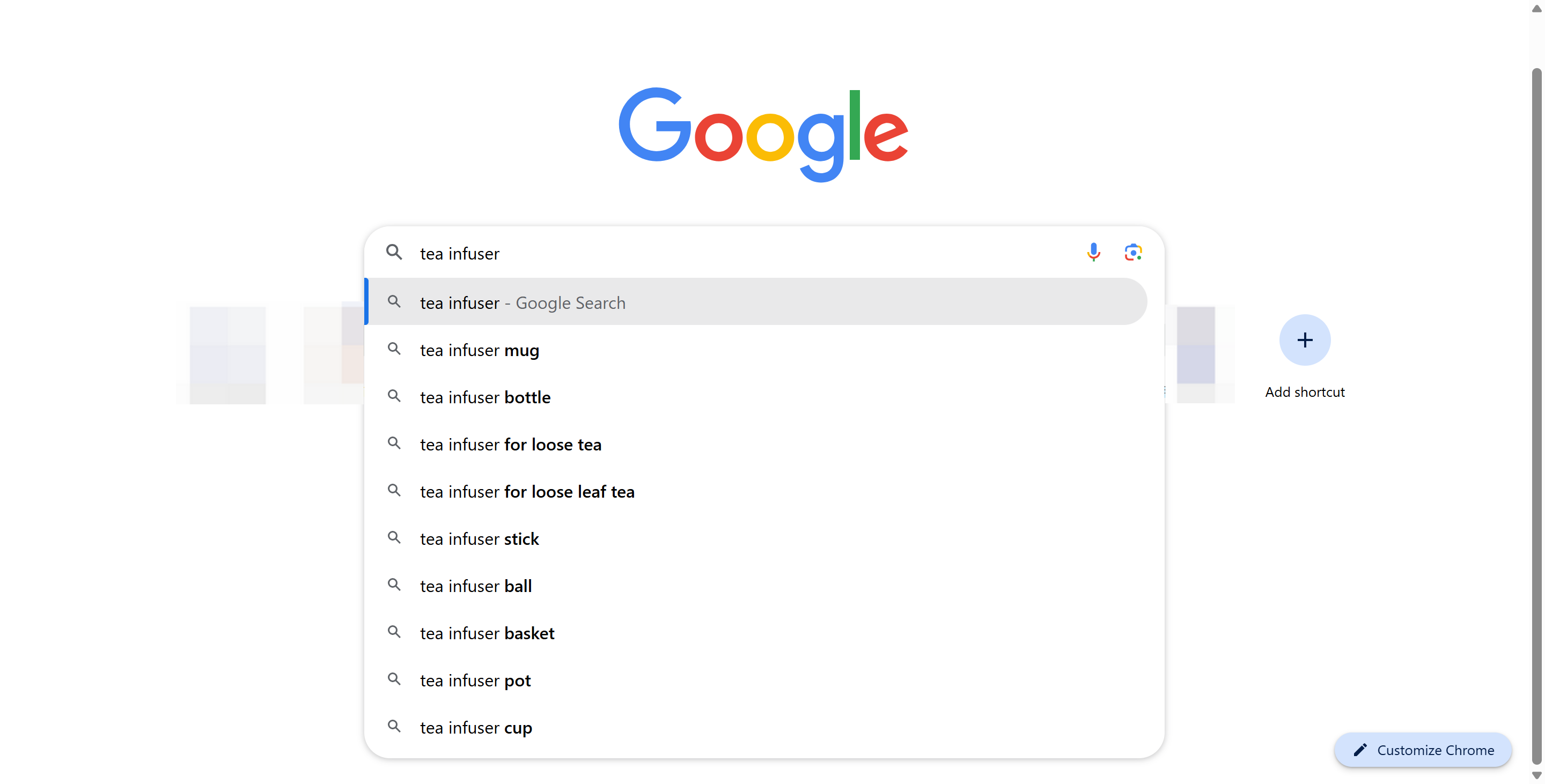 Google search autocomplete suggestions for the keyword "tea infuser" showing related long tail search variations.