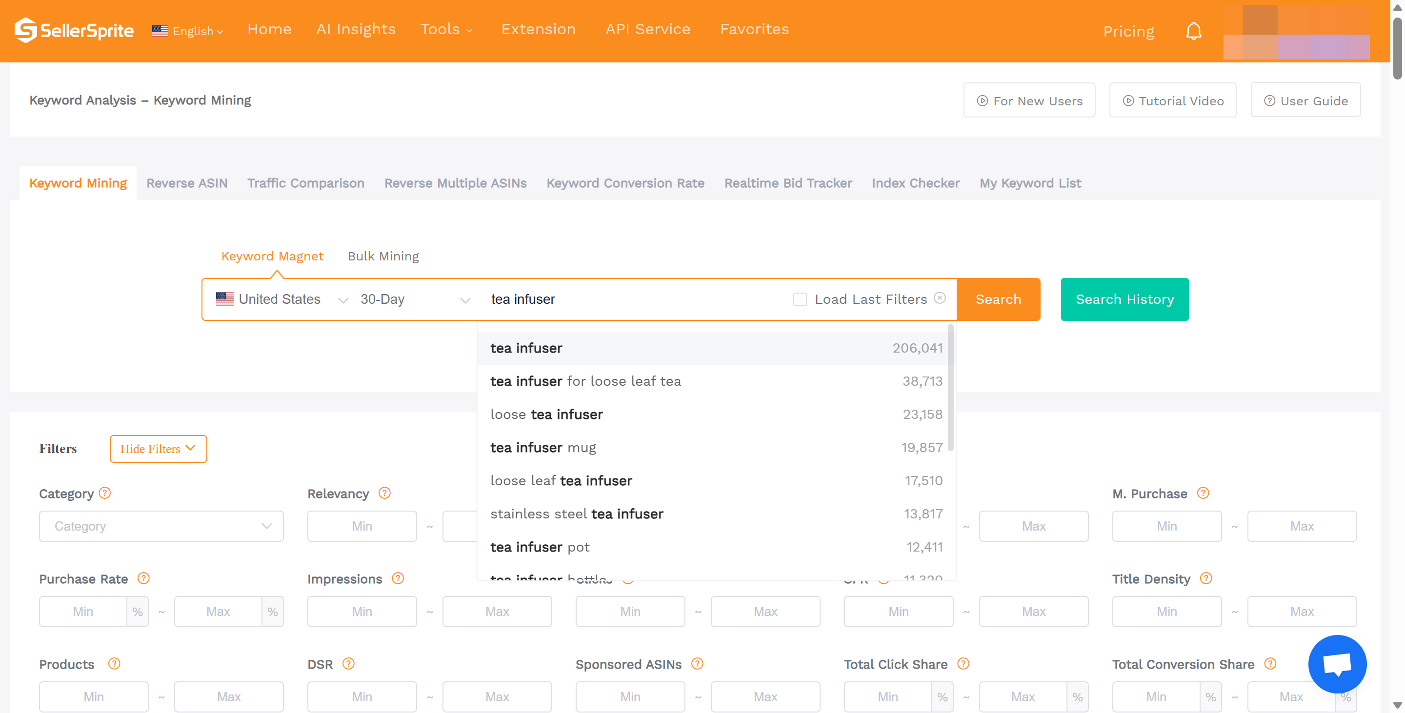 SellerSprite Keyword Mining interface showing search suggestions and keyword data for the term "tea infuser" in Amazon US.