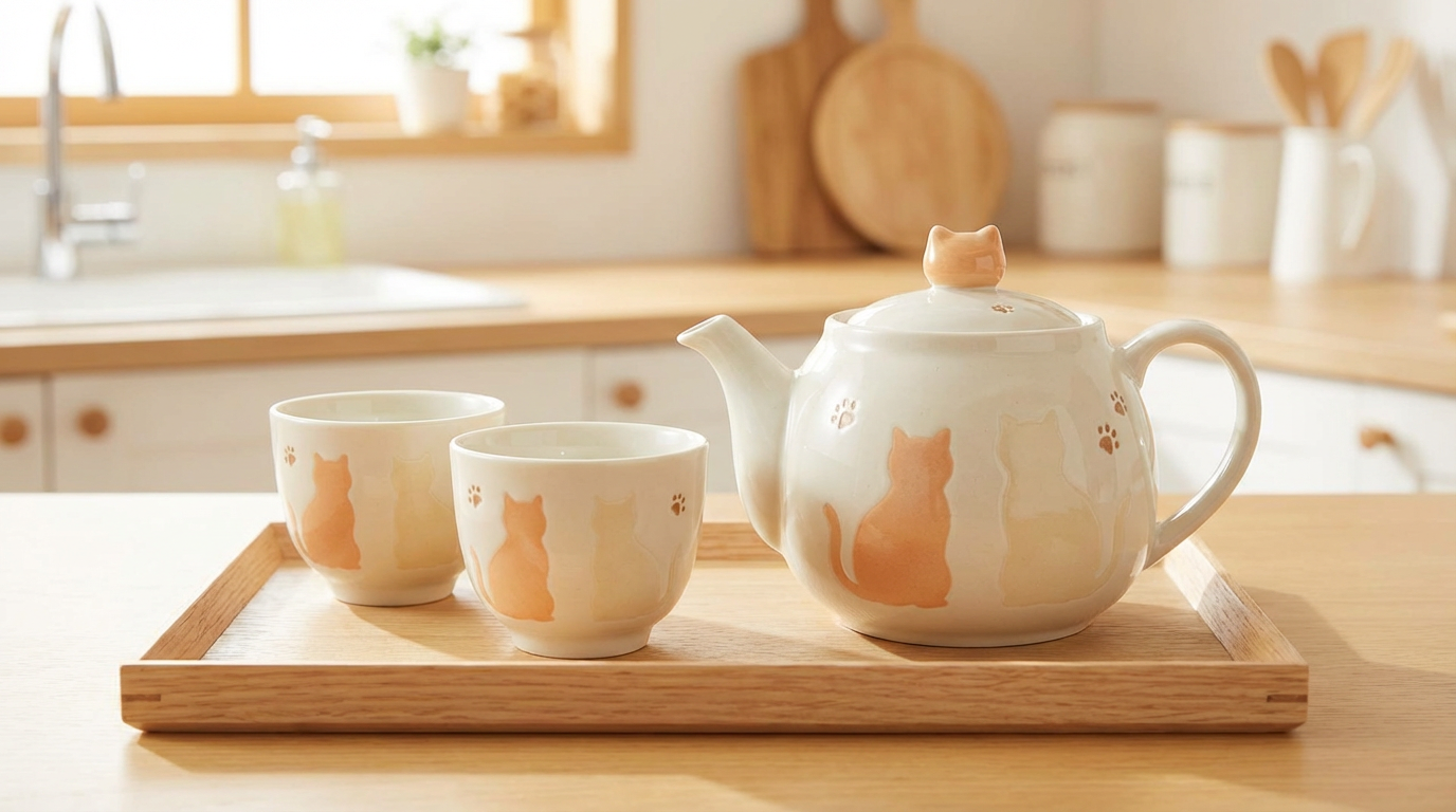 Ceramic cat themed teapot and matching cups displayed on a wooden tray in a warm kitchen setting.