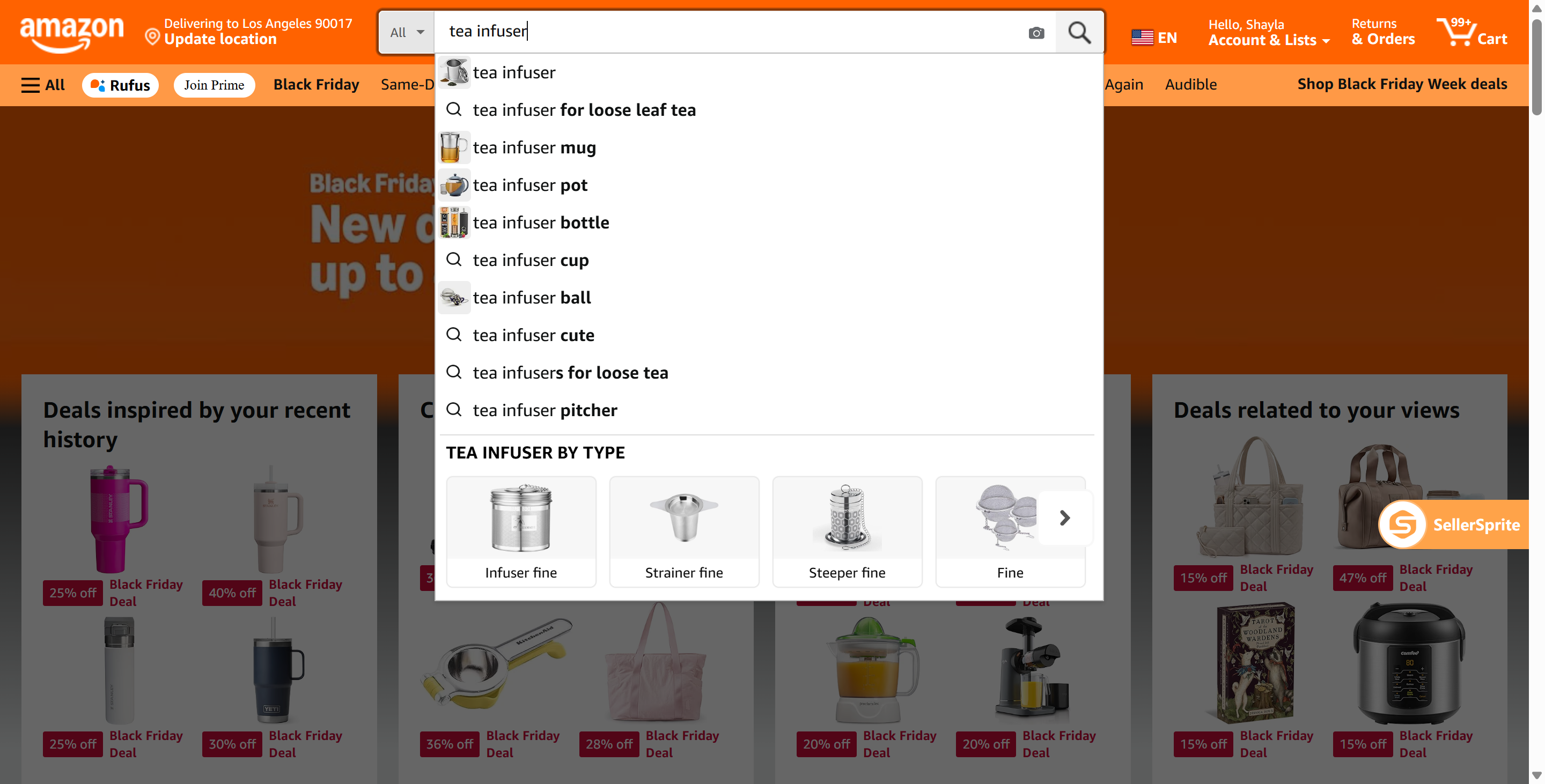 Amazon search autocomplete suggestions for "tea infuser" showing popular product variations and buyer intent keywords.
