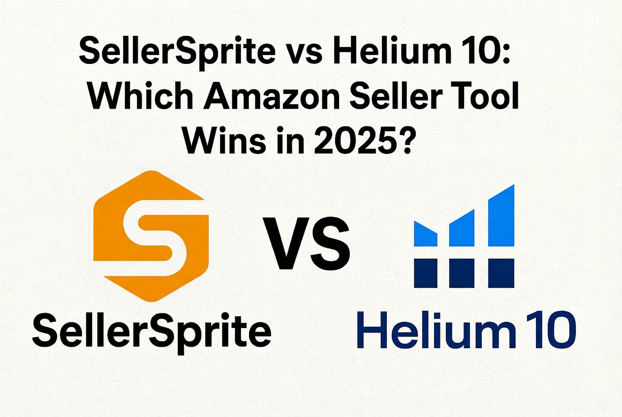 Professional comparison image featuring Sellersprite and helium 10 as Amazon seller tools in 2025.