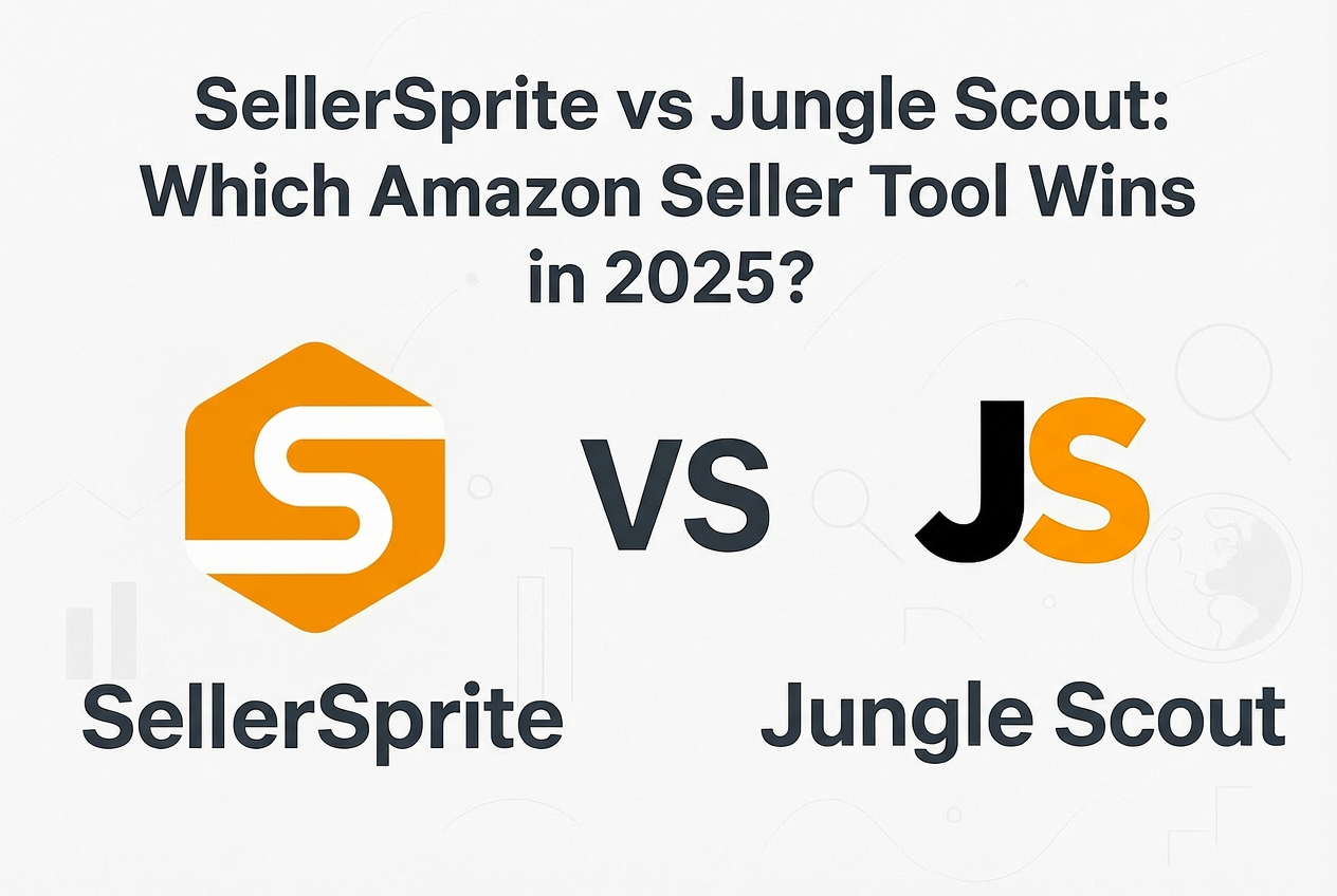 Professional comparison image featuring Sellersprite and Jungle Scout as Amazon seller tools in 2025
