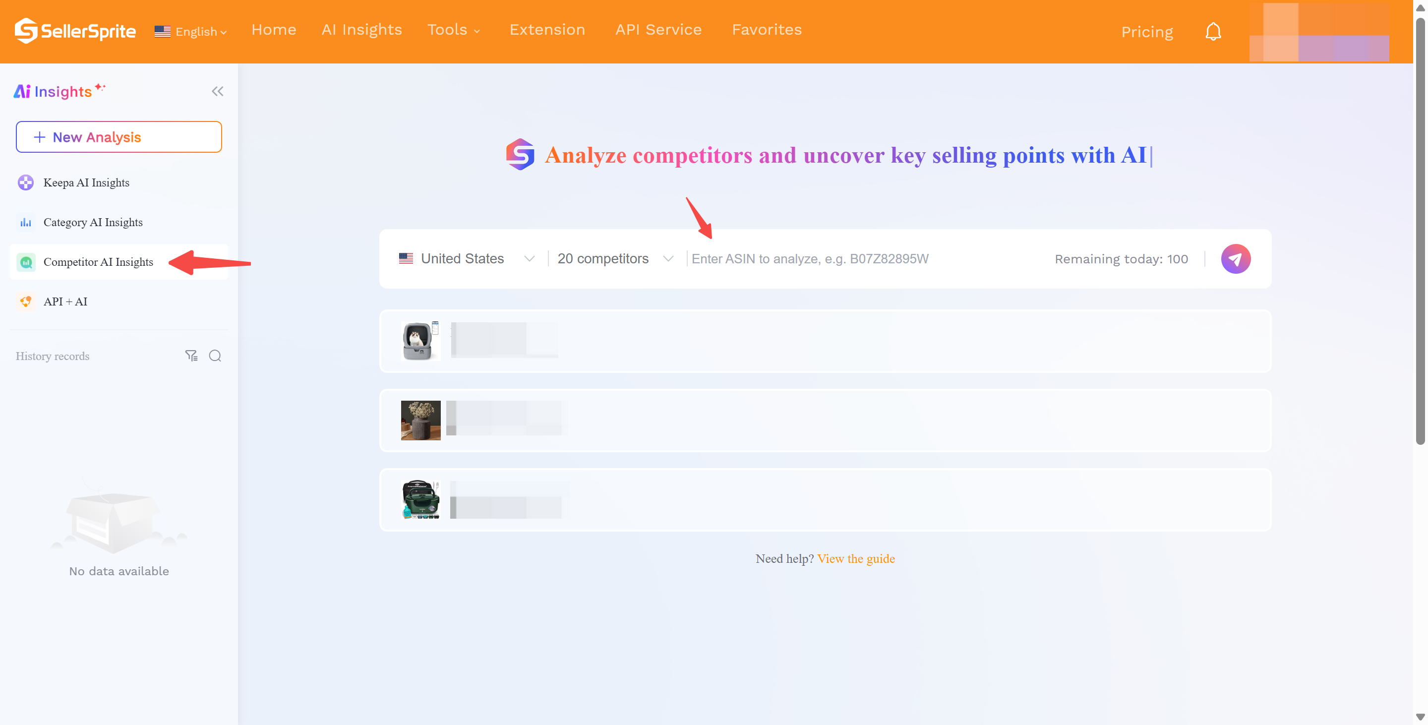 Competitor AI Insights input field in SellerSprite with ASIN entry.