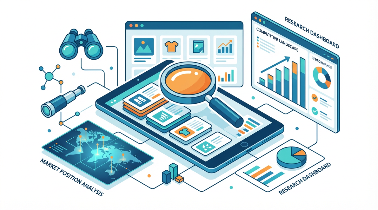 Illustration of digital product research tools with magnifying glass, dashboards, charts, and market analysis icons representing e-commerce keyword and competitor research.