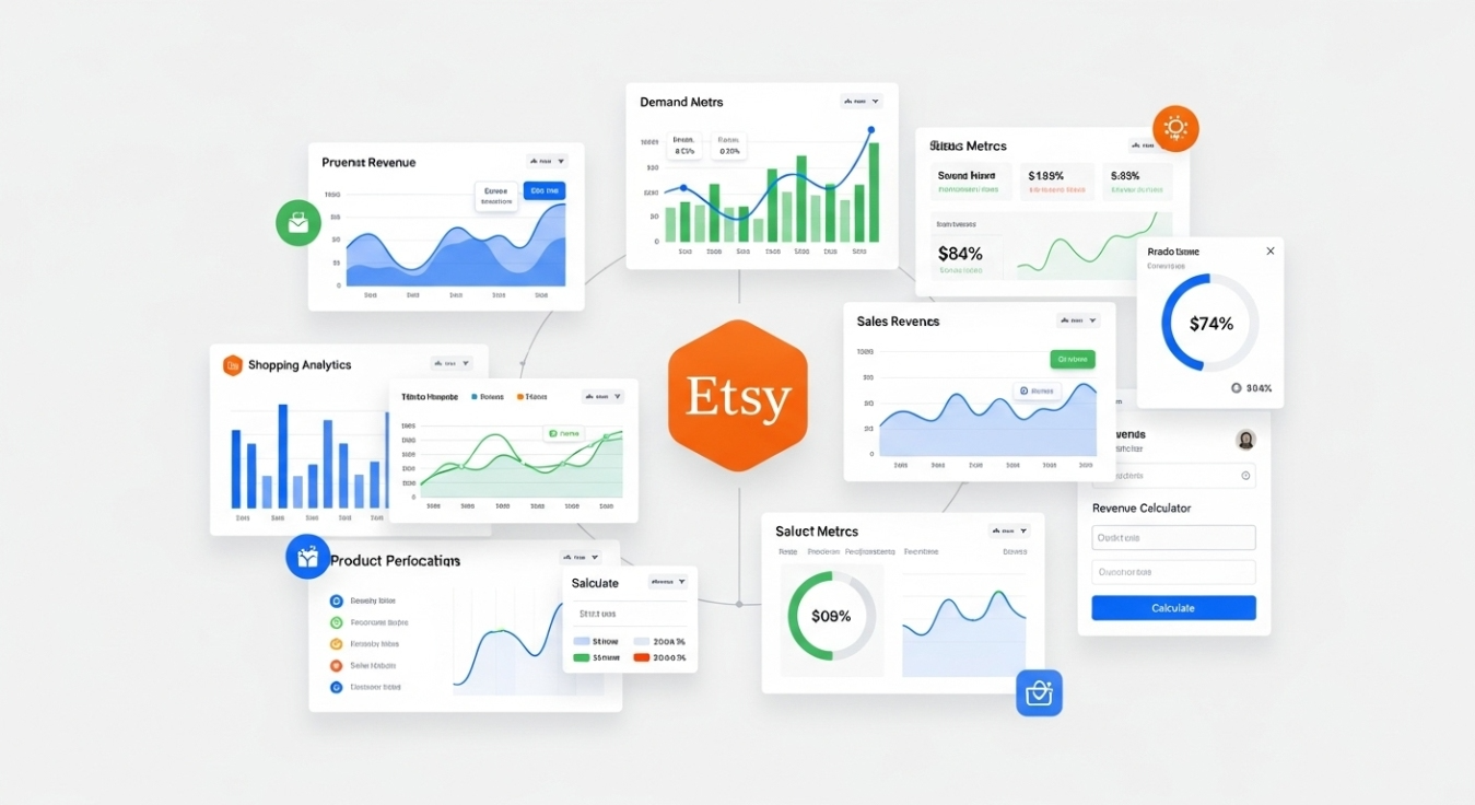 Etsy analytics dashboard showing sales metrics, demand metrics, revenue charts, product performance graphs, and shop insights connected around the Etsy logo.